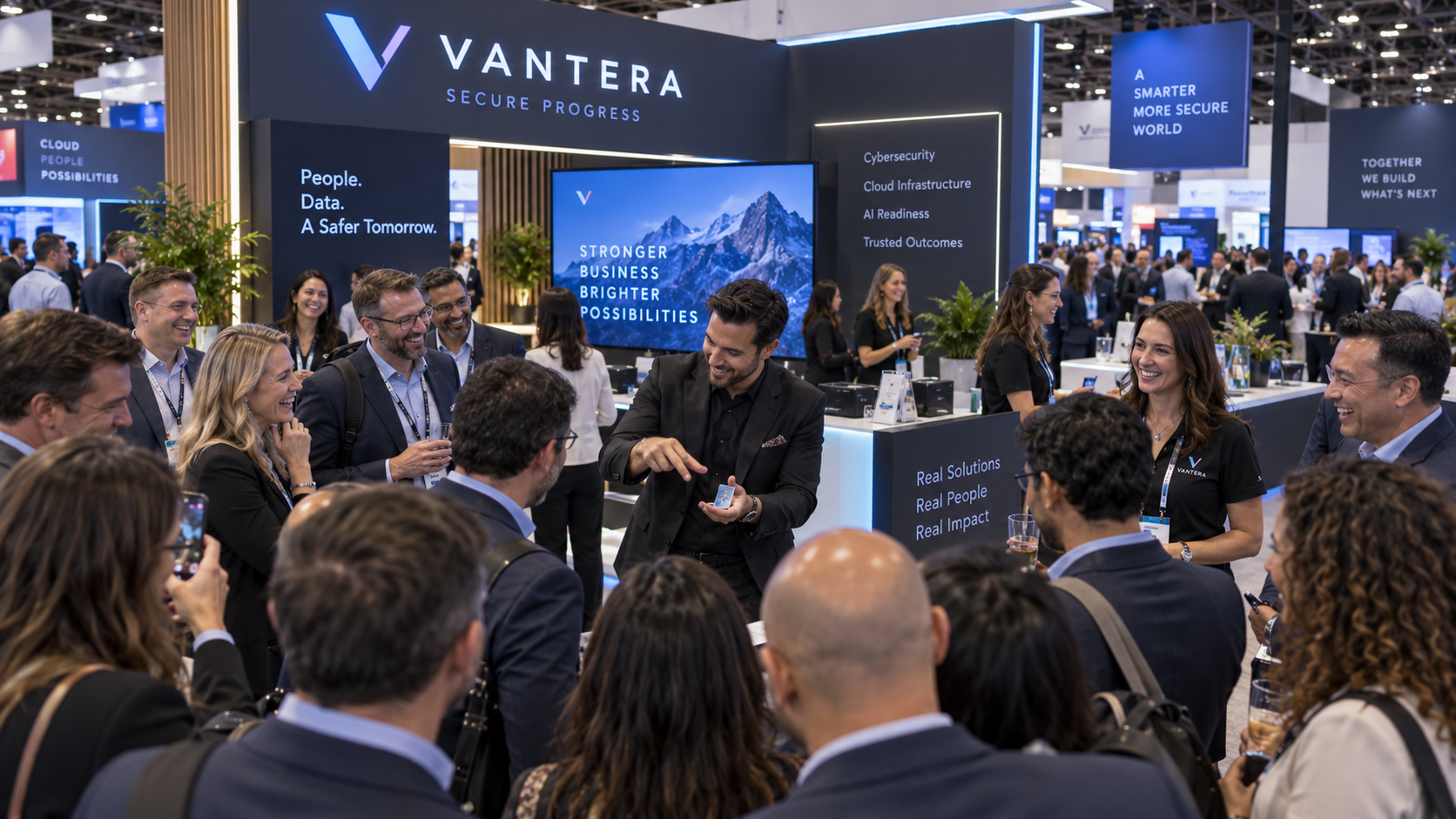 A packed exhibitor booth surrounded by smiling professional attendees