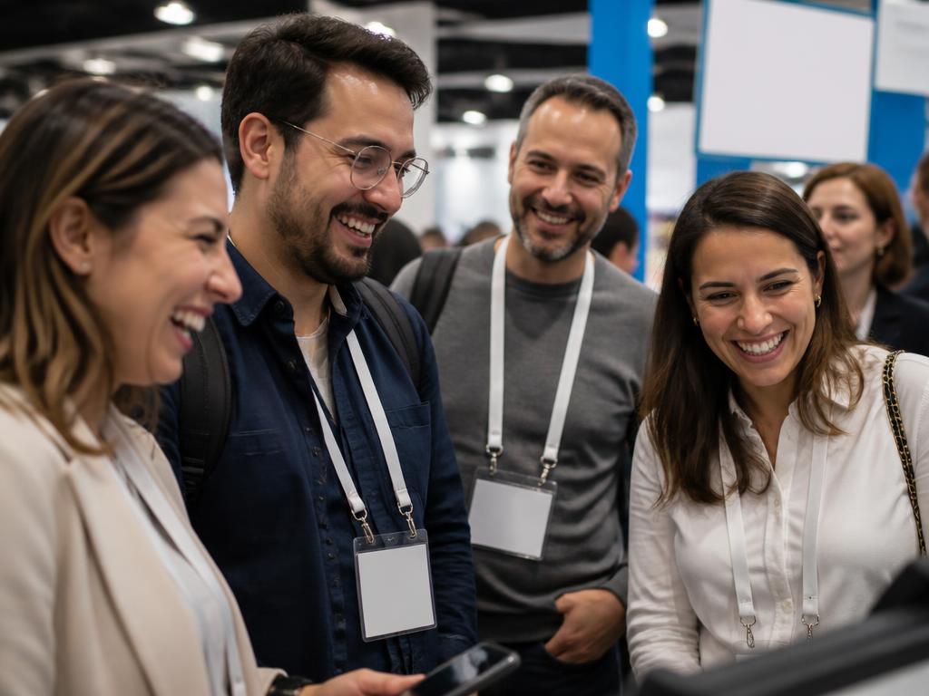 Professional attendees reacting to a live booth engagement